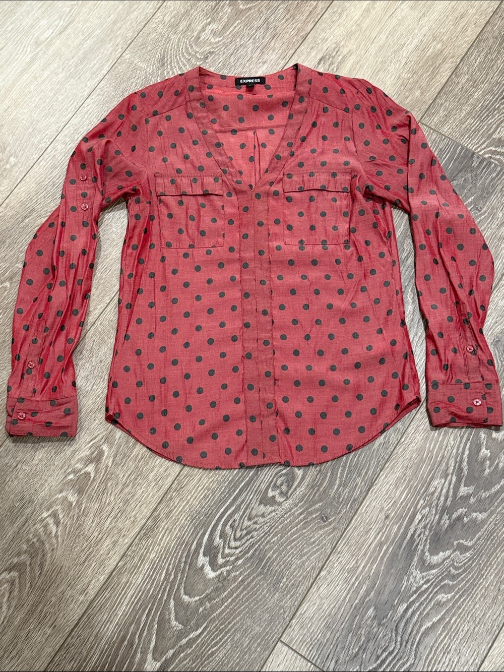 Express Red Long-Sleeve Polka Dot V-Neck Blouse